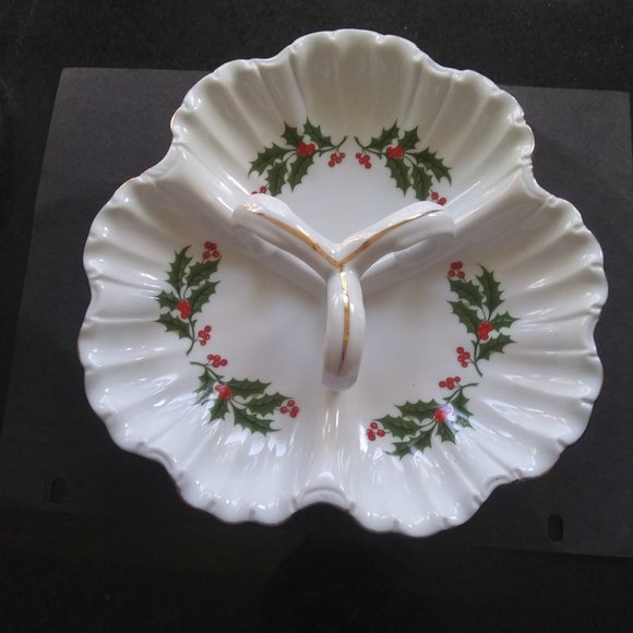 Porcelain three section Relish candy Christmas dish Holly Gold Trim - Picture 6 of 15